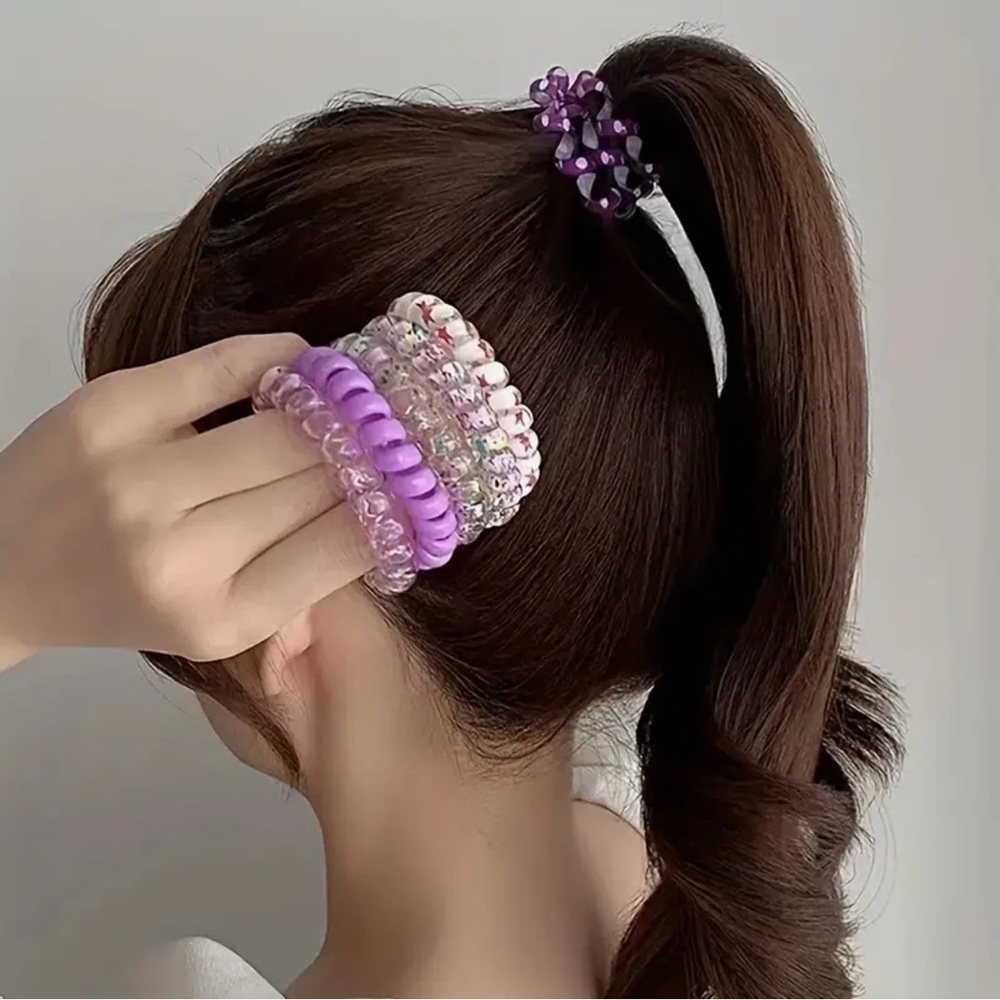 Coil Hair Tie Floral Purple 6 pcs Spiral Pony Tail Jelly Candy Color